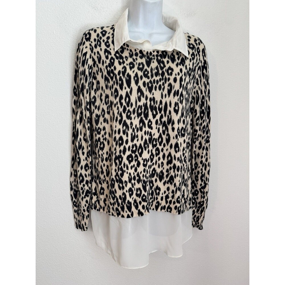 DKNY Women’s Sweater Leopard Print Black Beige Built in Shirt Office Size M Fall